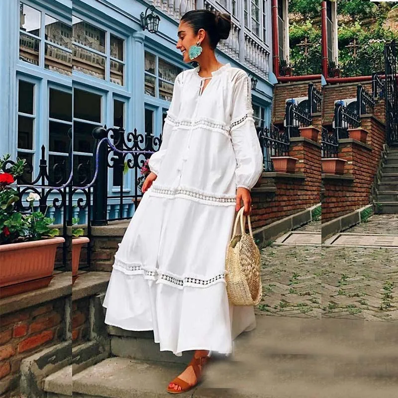 Elegant Lace Loose Bohemian Maxi Dresses for Women Hollow Out Long Sleeve White Summer Beach V Neck Casual Vestidos | Женская одежда