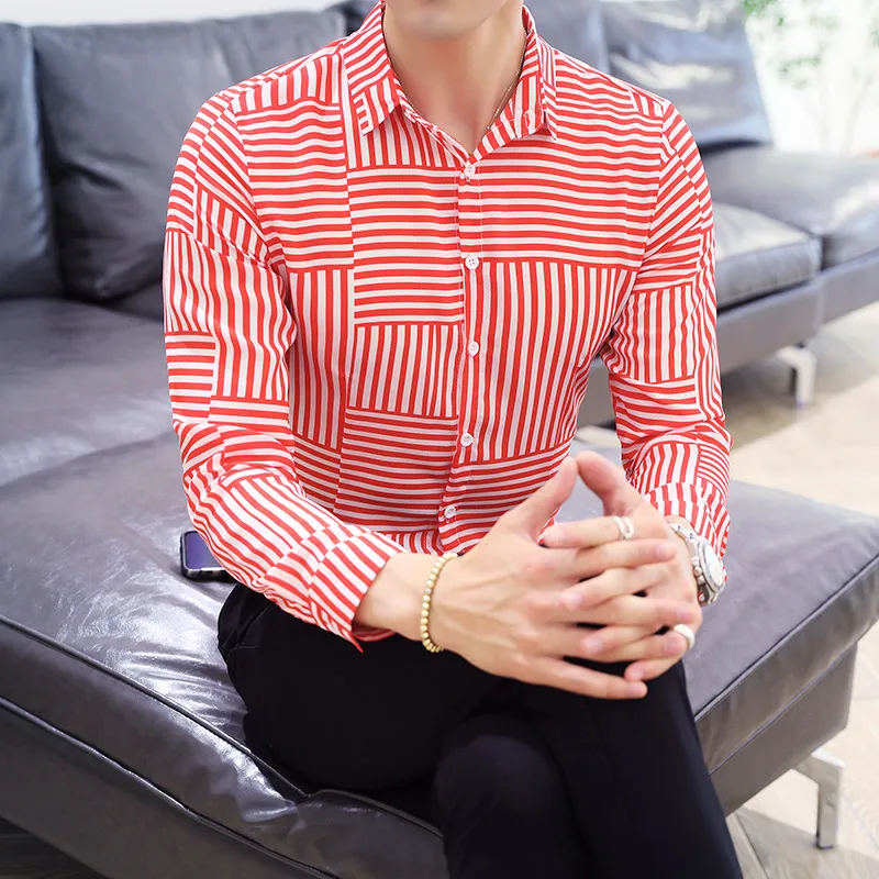 Новое поступление черно-Красные Полосатые Лоскутные рубашки мужские