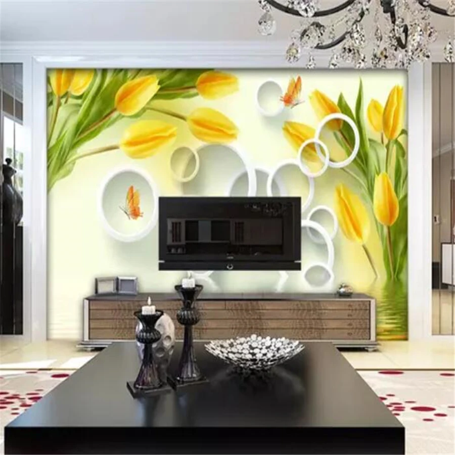 3d обои fresco Желтое отражение тюльпана Стерео ТВ фон гостиная спальня обои|wall