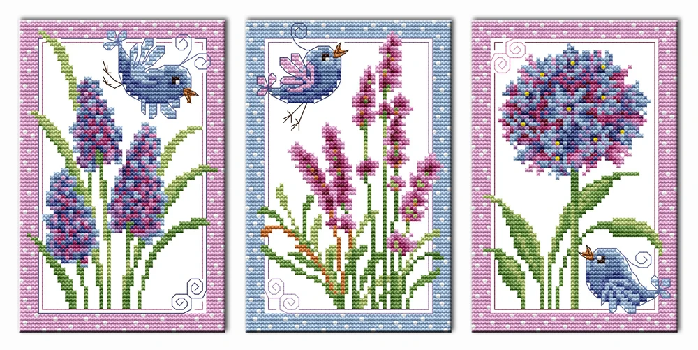

Birds and flowers (Triptych) cross stitch kit aida 18ct 14ct 11ct counted printed canvas set stitches embroidery handmade