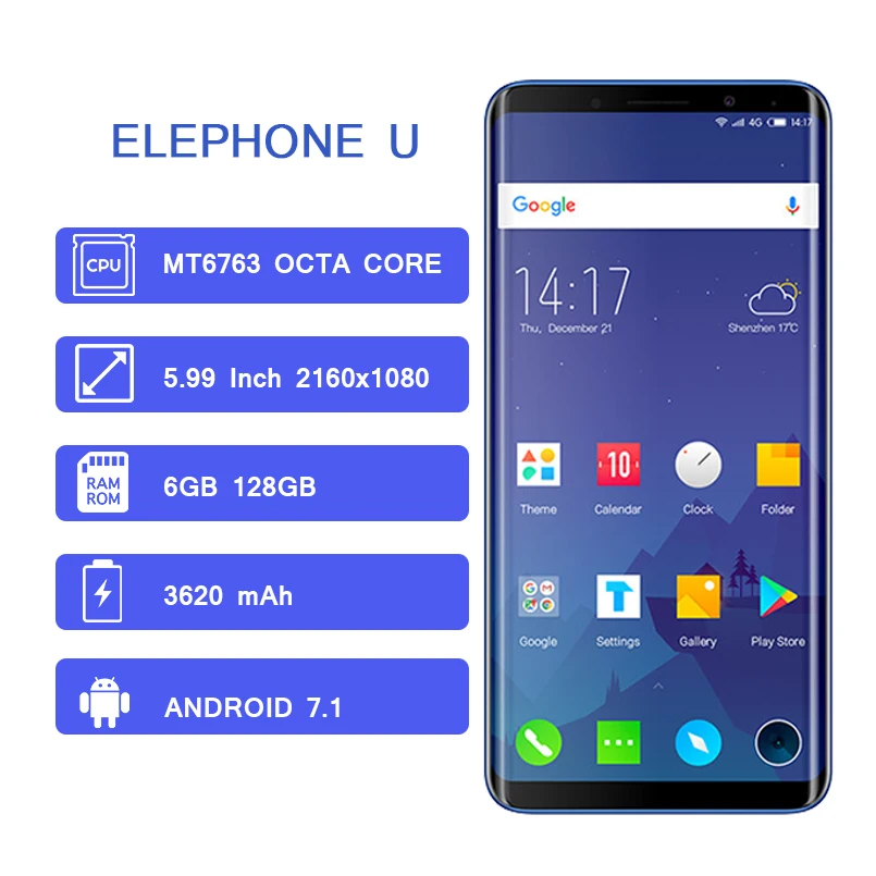 Elephone U ram 6 ГБ rom 128G мобильный телефон с функцией распознавания лица Android 7,1 MT6763 Восьмиядерный 5,9" 13 МП Двойная Задняя камера 4G LTE смартфон
