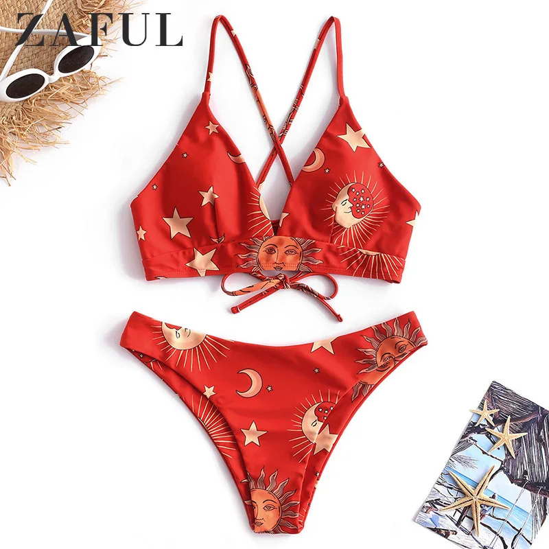 

ZAFUL Star Sun Moon Lace Up Bikini Set Spaghetti Straps Wire Free Swim Suit Women Summer Bathing Suit High Cut Padded Swimwear