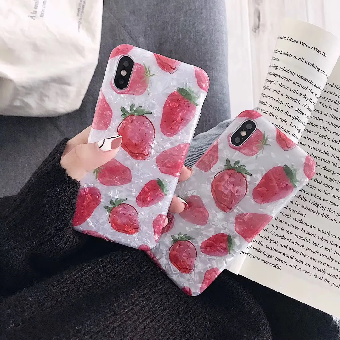 Sweet Strawberry Glossy Case for Iphone Xs Max Xr Glitter Shell Fruit 7 8plus 6s X Anti-knock Soft Tpu Cover |