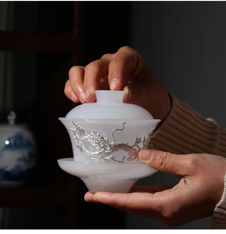 Розовый 120 мл, нефрит, Китай, с серебром, Gaiwan Dragon, инкрустированный серебром китайский чай кунг-фу, супница, ручная работа, домашний чай, посуда для напитков