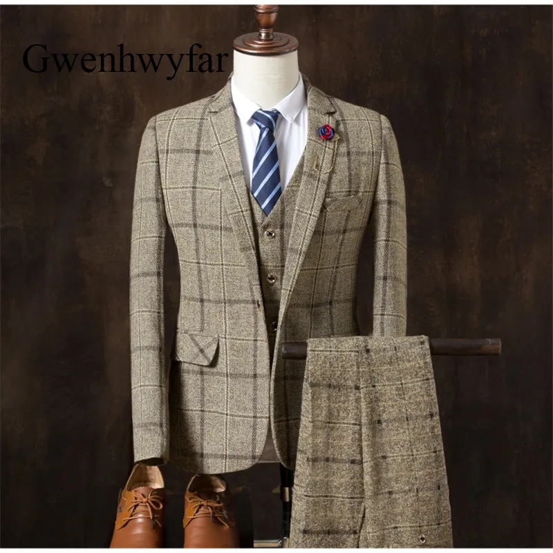 Gwenhwyfar Morning Style осенне зимние мужские костюмы твидовое мужское деловое темно синее