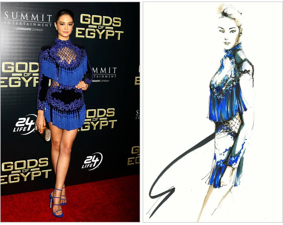 S кривой синий кисточкой бисером Мини платье женщин с длинным рукавом выдалбливают бахрома Украшенные Bodycon платье