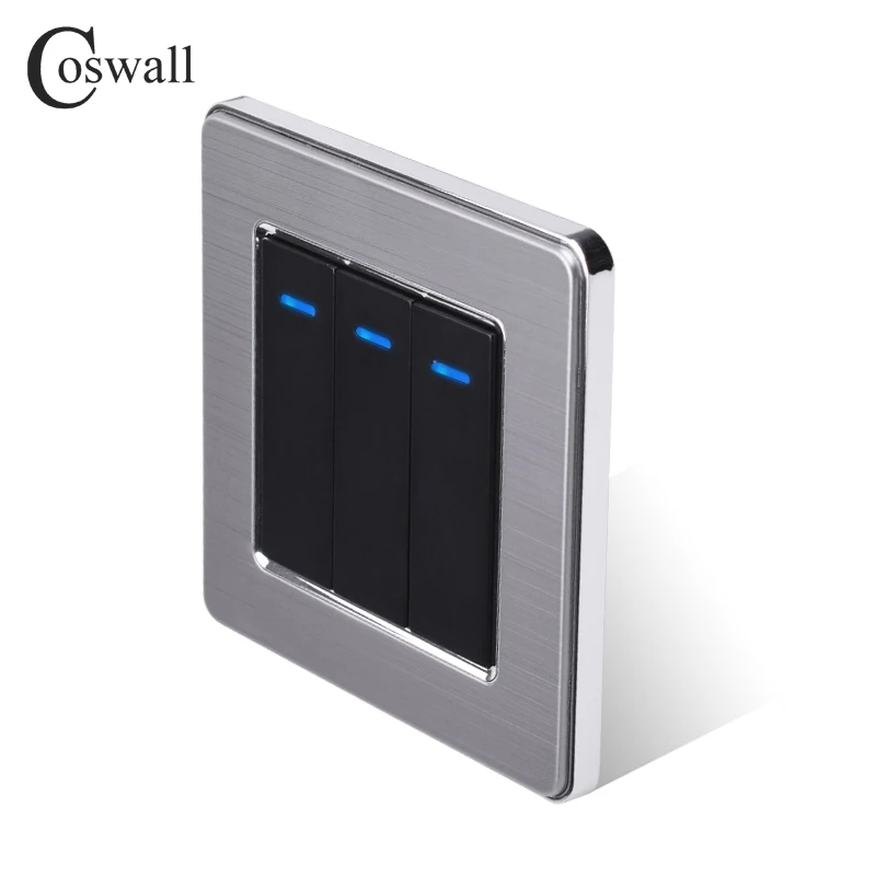

Coswall 3 Gang 2 Way Light Switch On / Off Wall Switch With LED Indicator Pass Through Switch Switched Stainless Steel Panel