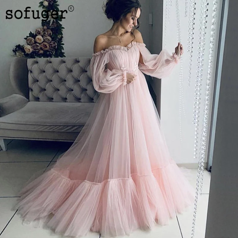 

Blue Pink Simple Sexy Sweetheart Fashion Evening Dresses Long Sleeves Tulle Evening Gowns Off the Shoulder Tiered Pleat
