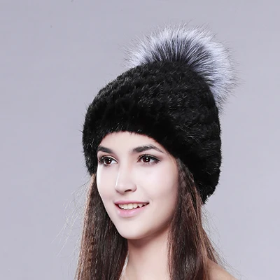black silver FURTALK Реального норки меховая шапка для зимы женщин трикотажные норки шапочки шапка с лисой меха pom pom - Цвет: black silver