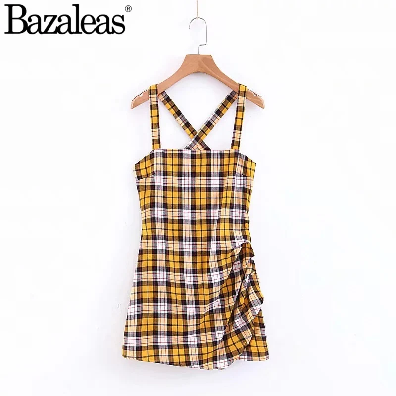 Bazaleas желтое клетчатое женское платье мини платья Vestidos Повседневное платье с перекрещивающимися сзади бретельками без рукавов