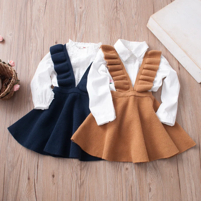 

2021 Autumn winter Girls Knitted Dresses European American Style Flare Sleeve Strap Dress Kids Clothes 2-7Y