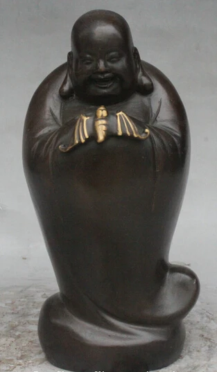 

xd 003430 8" Chinese Buddhism Bronze Stand Happy Laugh Maitreya Buddha Bat Wealth Statue