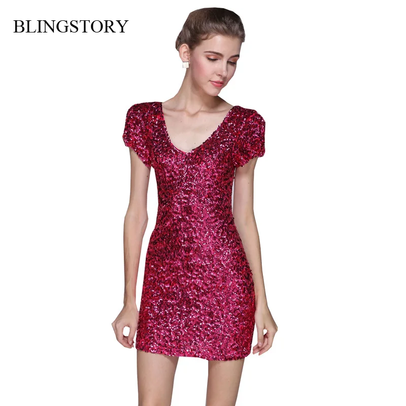 BLINGSTORY с коротким рукавом блесток женщин vestidos клуб европейский стиль блеск платье