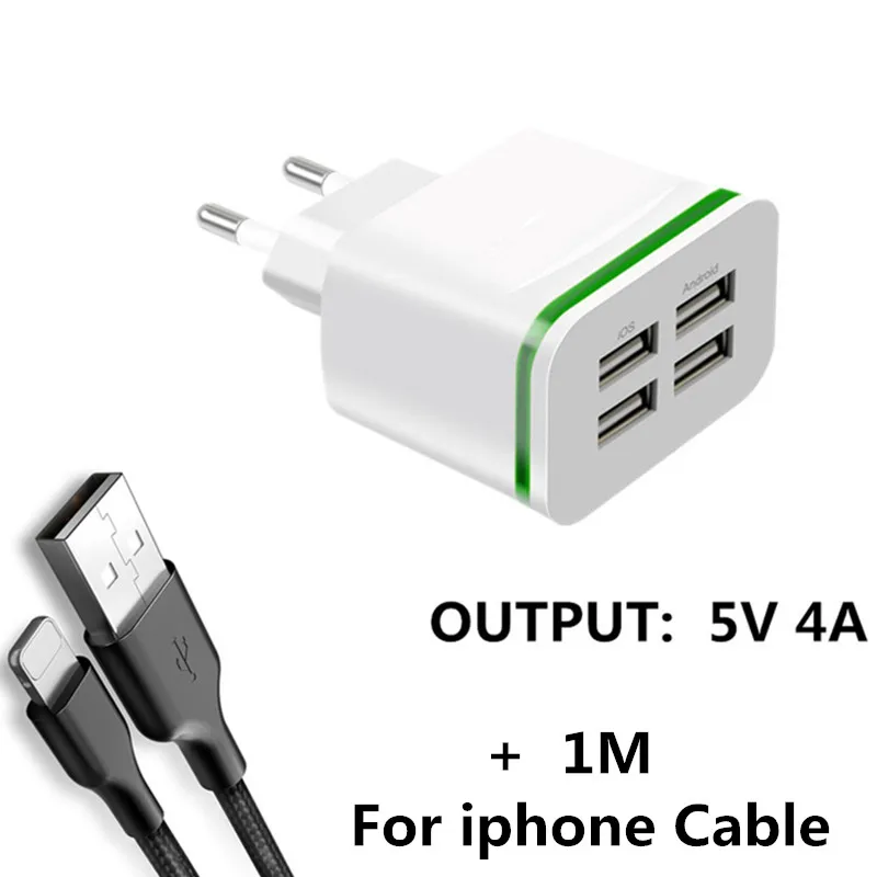 4-Порты USB Зарядное устройство EU(евро), быстрое Зарядное устройство для iPhone samsung huawei 5V 4A мобильного телефона, Универсальные наушники Быстрая зарядка светодиодный светильник настенный адаптер - Тип штекера: Charger ip Cable