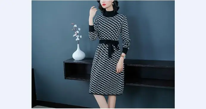 white and black Новое поступление, Женское шерстяное платье-свитер, осенне-зимнее элегантное женское платье с высоким воротником, вязанное платье, пуловеры с рукавами Lpng - Цвет: white and black