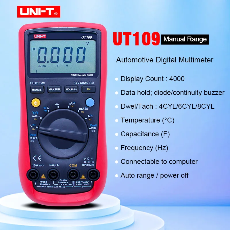 

UNI-T UT109 4000 Counts Auto Range LCD Backlit Handheld Automotive Digital Multimeter AC/DC Voltage Current Tester Meter Tools