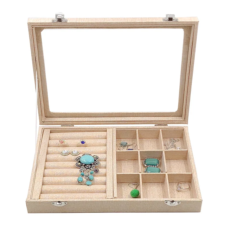 Velvet Carrying Case with Glass Cover Jewelry Ring Display Box Tray Holder Storage Organizer Earrings Bracelet | Украшения и