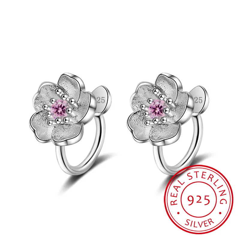 Cute 925 Sterling Silver Cherry Blossoms Flower Set Pink Cz Hoop Earring For Women Girls Kids Jewelry Orecchini Aros Aretes