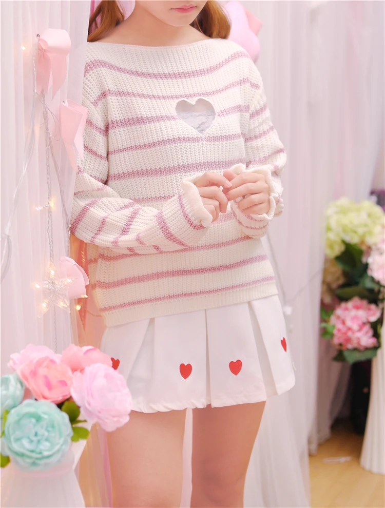 Autumn new Japanese Female Kawaii Sweaters Fashion Lovely Cute Knitwear Mori girl Heart Love Hollow out Chest Sweater for Women | Женская
