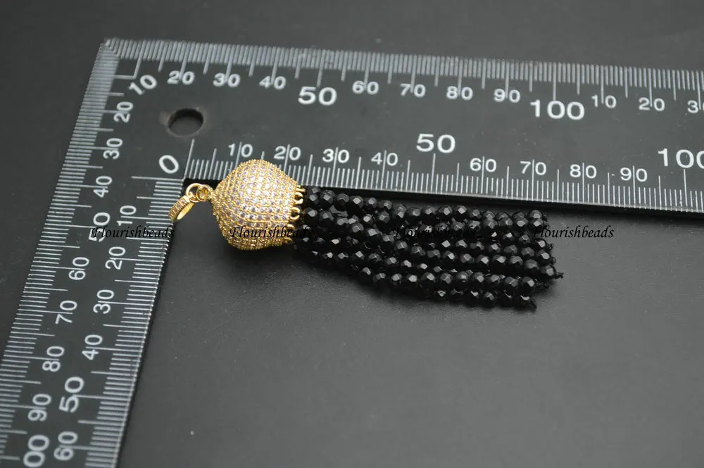 Paved CZ Beads Crown Metal Cap 3mm Faceted Black Onyx Agate Stone Round Tasssel Pendant Fit Fashion Necklace Making | Украшения и