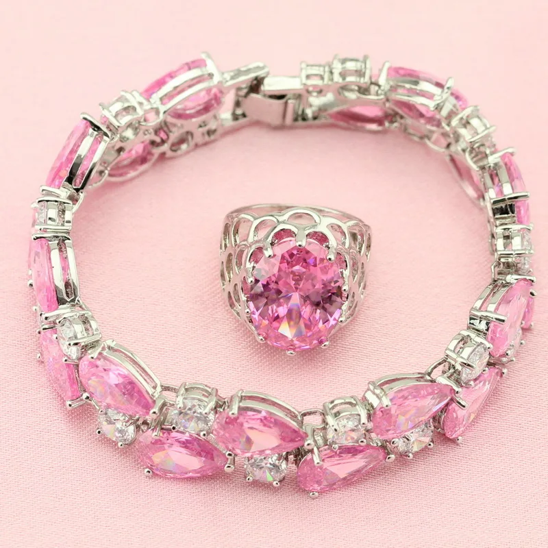 Женский комплект ювелирных изделий серебряного цвета розовый камень модные и