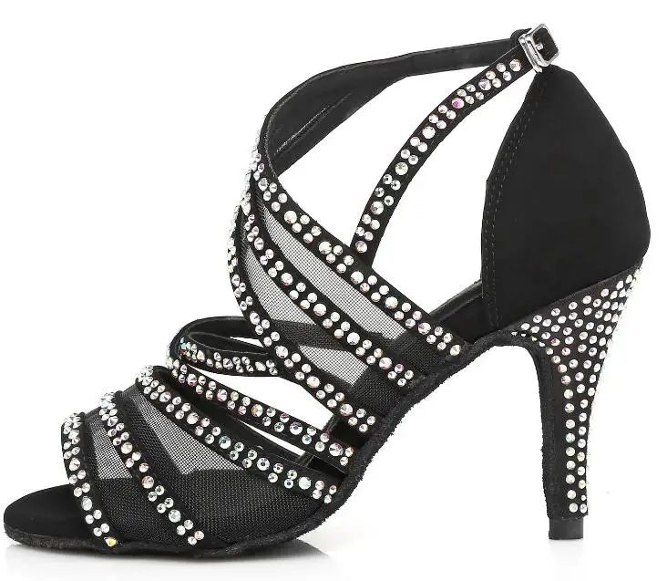 black heel7.5cm Женская обувь для сальсы; женская обувь для танцев сальсы; обувь для высоких танцев; Обувь для бальных танцев черного цвета; обувь для латинских танцев; стразы; Новинка; модная обувь JuseDanc - Цвет: black heel7.5cm
