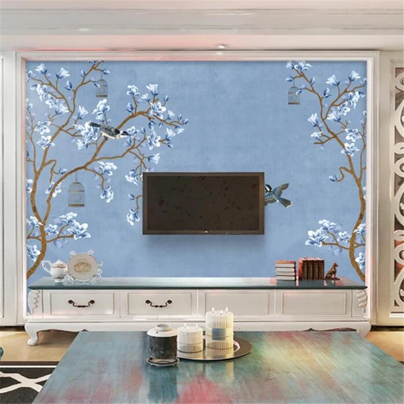 3d обои для гостиной и спальни ручная роспись Синяя Магнолия птица китайский