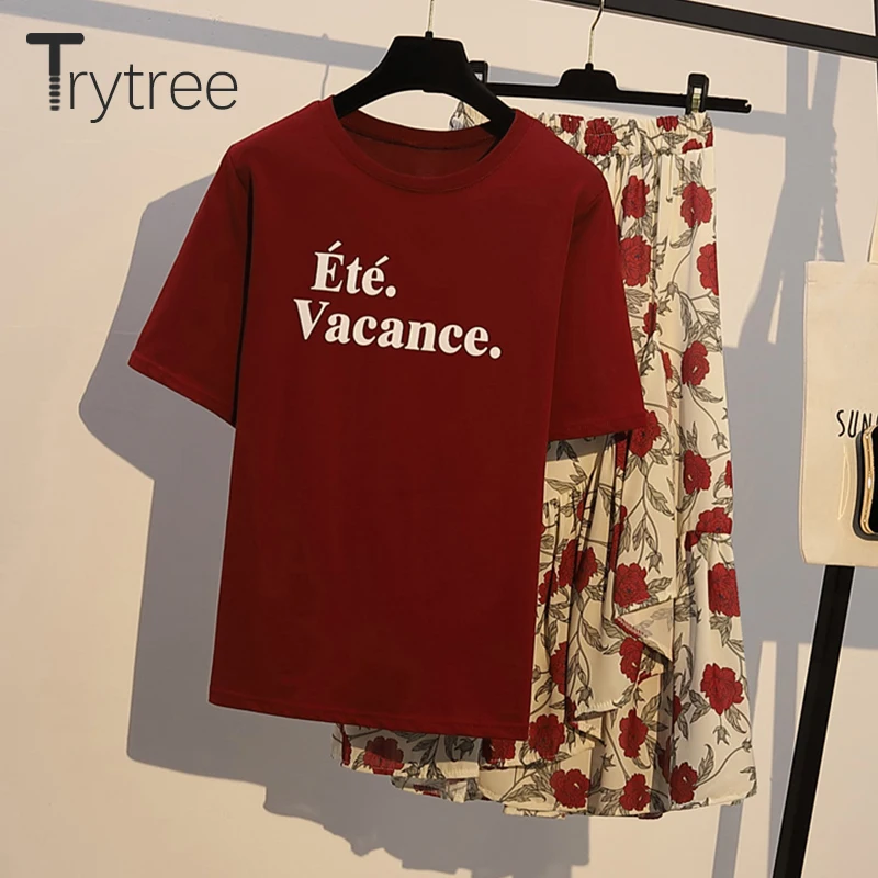 Trytree летний женский комплект из двух предметов Повседневный хлопковый топ с круглым вырезом+ юбка до середины икры эластичная талия Цветочная юбка костюм комплект из 2 предметов