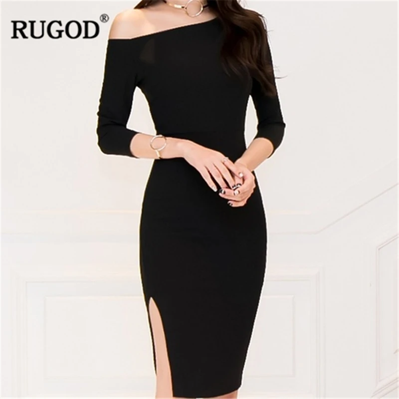 

RUGOD Female Sheath Dress Office Lady Asymmetrical Neck Three Quarter Sleeve Knee-Length Dress For Women Vestidos Verano 2018
