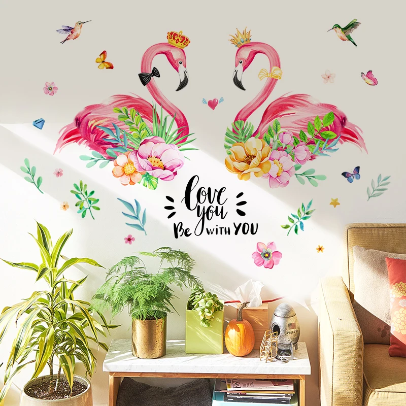[shijuekongjian] Romantic Flamingo Wall Sticker DIY Plant Leaves Animals Decals for Kids Rooms Baby Bedroom Decoration | Дом и сад