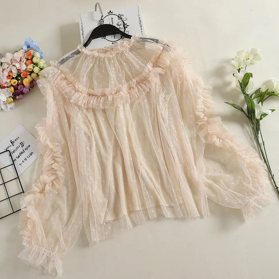 Women Shirts Женские рубашки с рукавом-фонариком, повседневные рубашки с оборками, с вышивкой, в горошек, кружевные, с цветами, сетчатые, газовые, хлопковые, пуловеры, блузки, топы с вуалью - Цвет: Women Shirts