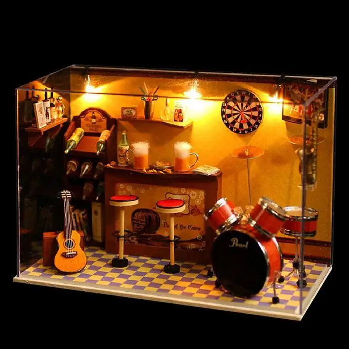 Милый миниатюрный DIY 3D бар дом деревянные игрушки светодиодный свет Детский