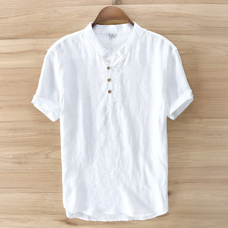 Рубашка Мужская льняная с воротником стойкой белая 100%|chemise homme|linen shirts menflax shirt men |