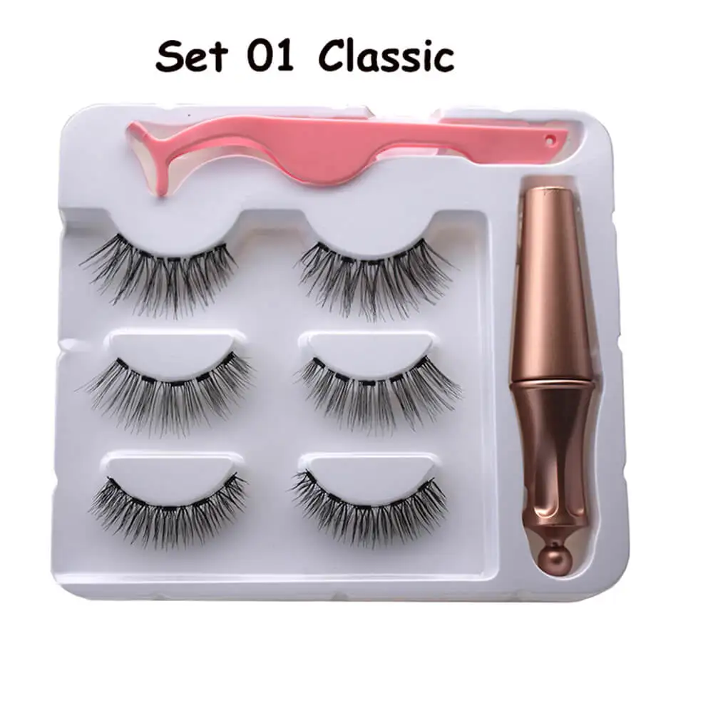 Set 01 Classic Водонепроницаемый 5 накладные ресницы на магнитном креплении Магнитный жидкий подводка для глаз и магнитный ненастоящий ресницы и набор пинцетов долговечный наращивание ресниц макияж - Цвет: Set 01 Classic