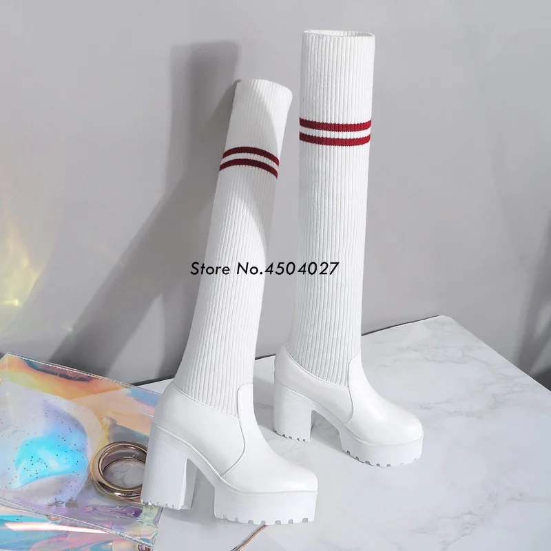 

Новинка, женские белые сапоги выше колена в стиле пэчворк, привлекательные высокие сапоги до бедра, женские модные сапоги на массивном кабл...