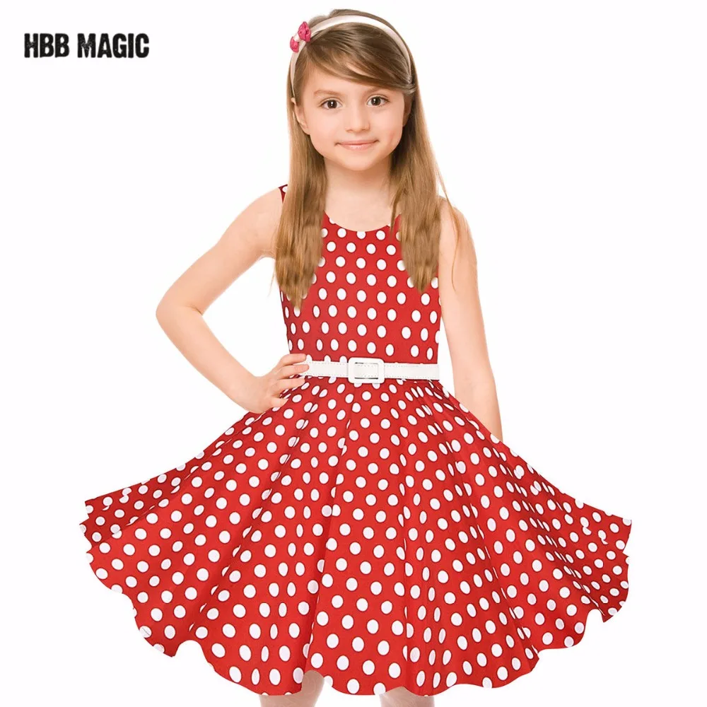 

Classy Vintage Girl Dress With Belt Summer Cotton Dots Elegant Princess Dress Kids Party Wedding Dresses Girls Clothes Red,Black