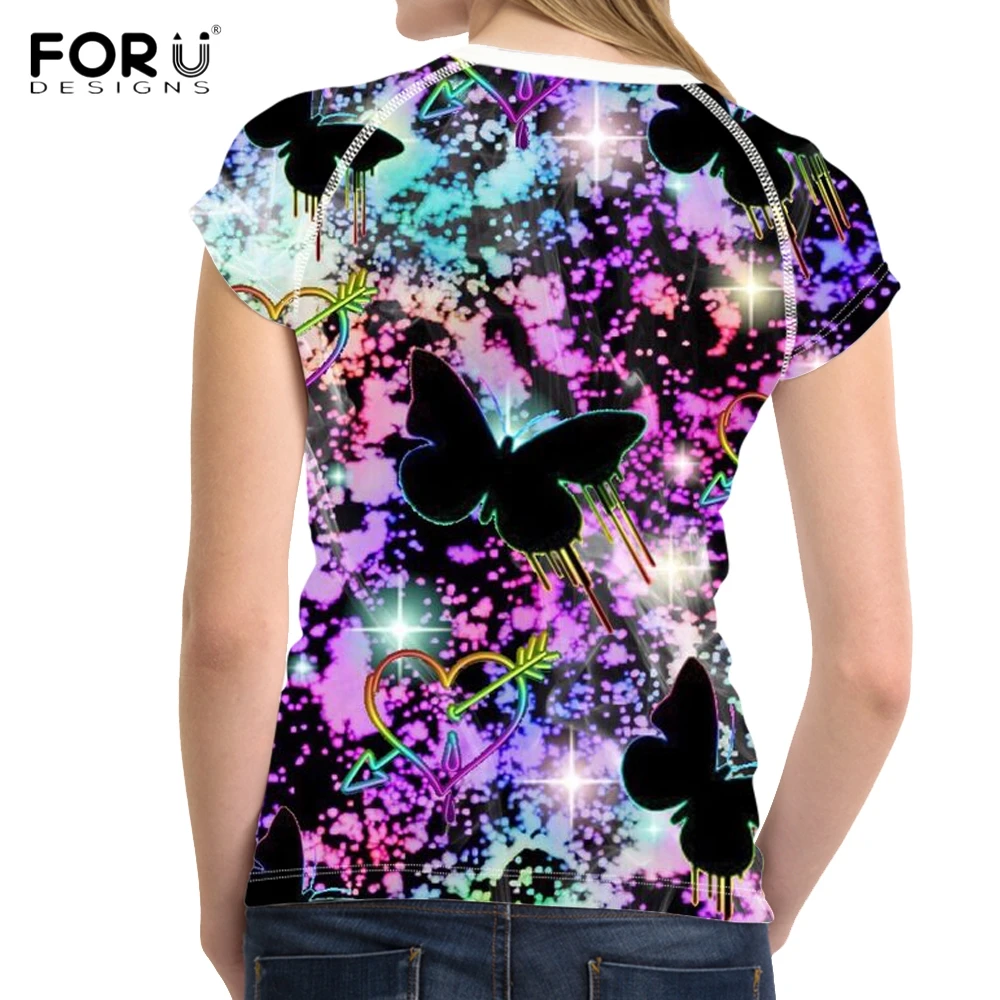 FORUDESIGNS/разноцветные футболки с рисунком галактики бабочки, женские модные брендовые летние футболки с коротким рукавом и круглым вырезом, повседневные футболки