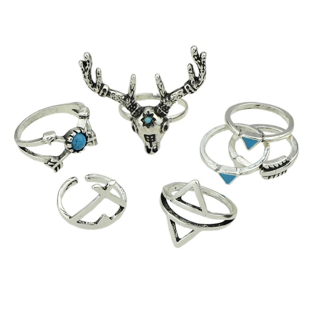 7pcs/set Gothic Style Rings Set Antique Silver Color Jewelry Bijoux Blue Stone Deer Triangle Geometric Midi Ring Anel | Украшения и