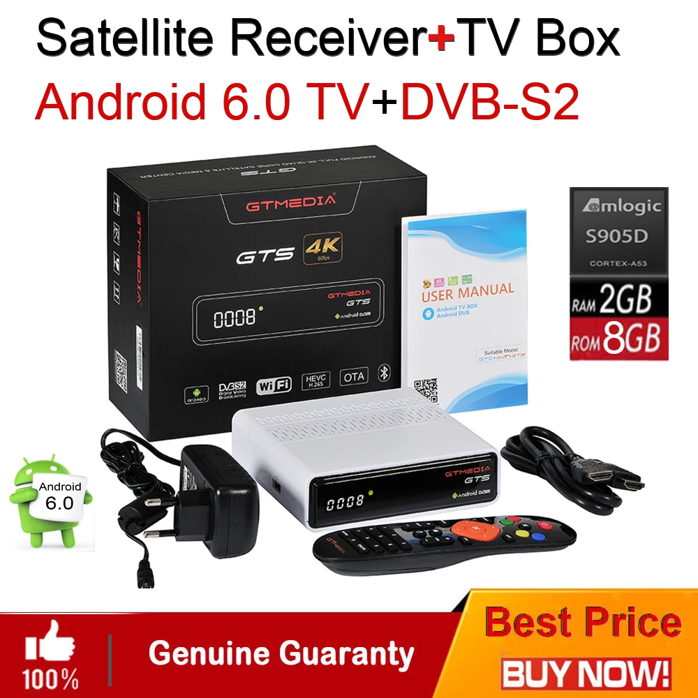 GTmedia GTS Android 6.0 4K TV BOX Combo DVB-S2 Satellite Receiver 2GB RAM 8GB ROM Amlogic S905D BT4.0 Smart Set Top box on - ГТмедиа ГТС Андроид 6.0 4К ТВ БОКС Комбо DVB-S2 Спутниковый приемник 2ГБ ОЗУ 8ГБ ПЗУ Амлогик С905Д БТ4.0 Смарт Сет Топ бокс он