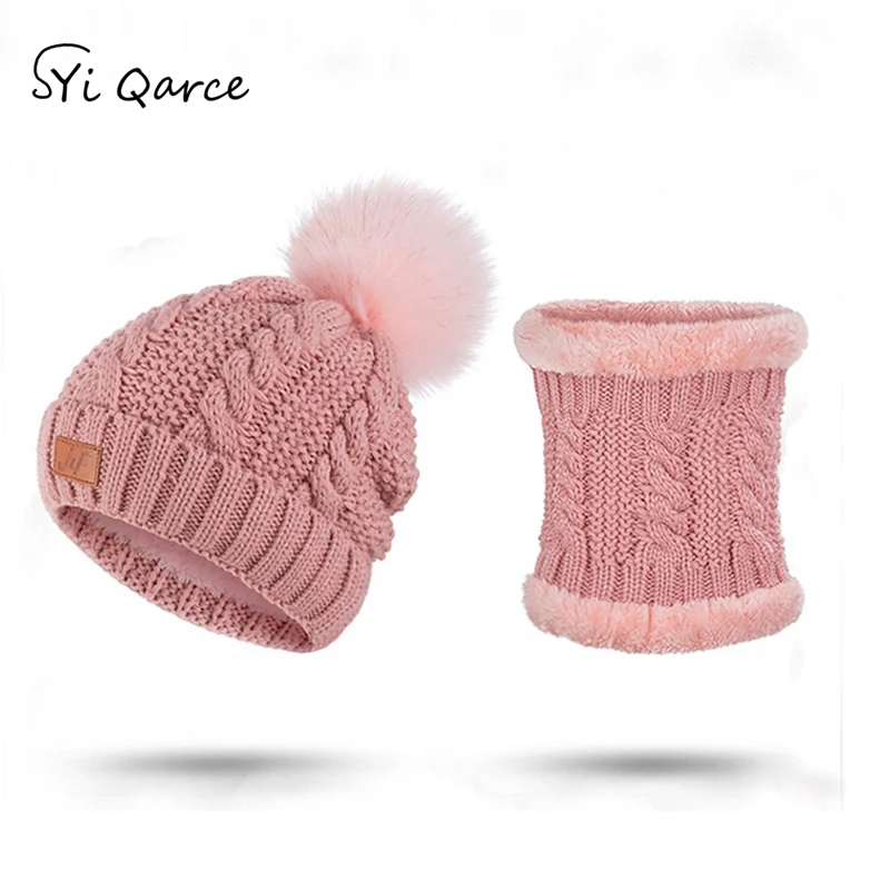 Skin Pink SYi Qarce 2 шт./компл. письмо зимние теплые Для женщин вязаная шапка с шарфом, комплект удобные уличные Sprorts шарф с Кепки для Для женщин - Цвет: Skin Pink