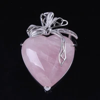trendy beads elegant style silver plated natural rose pink quartz love heart with silk ribbon pendant fashion jewelry