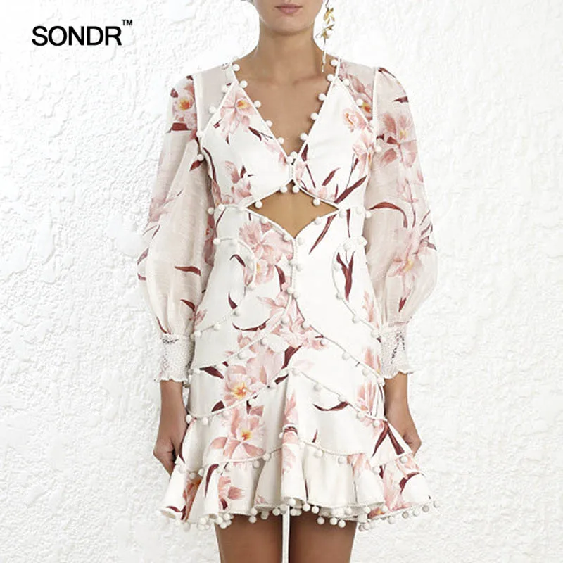 Женское платье мини с V образным вырезом и рукавами фонариками|Женские платья| |