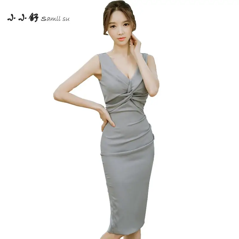 Летний офисный серый сарафан без рукавов с V-образным вырезом сексуальное платье