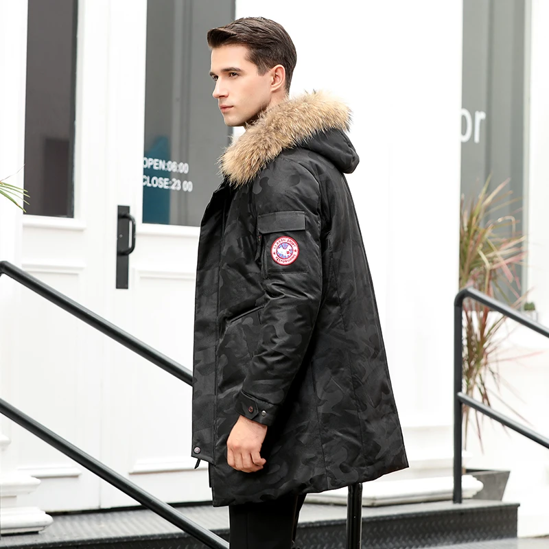 2018 зимний мужской теплый длинный пуховик с капюшоном и меховым воротником белый