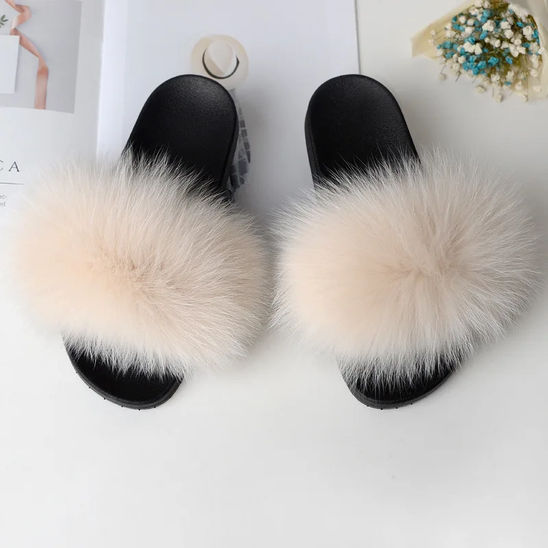 Hot Women Furry Slippers Ladies Cute Plush Natural Fox Hair Slippers Real Fur Slippers Summer Indoor Outdoor Slippers for Women
