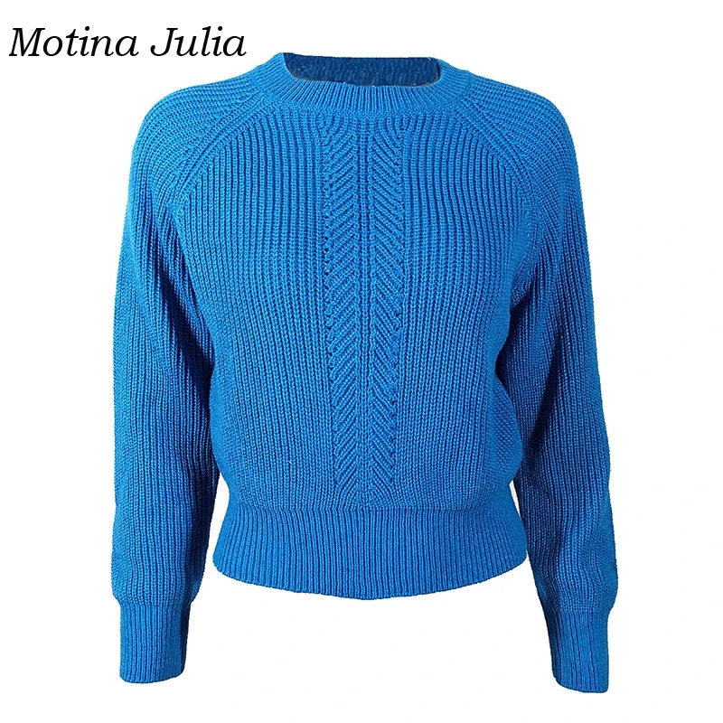 Motina Julia 2019 удобный вязаный свитер синий Повседневный укороченный джемпер Топы