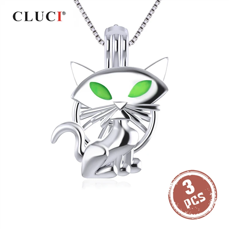 CLUCI 3 шт. для Хэллоуина ночь зеленые глаза кошка Женский медальон с жемчугом