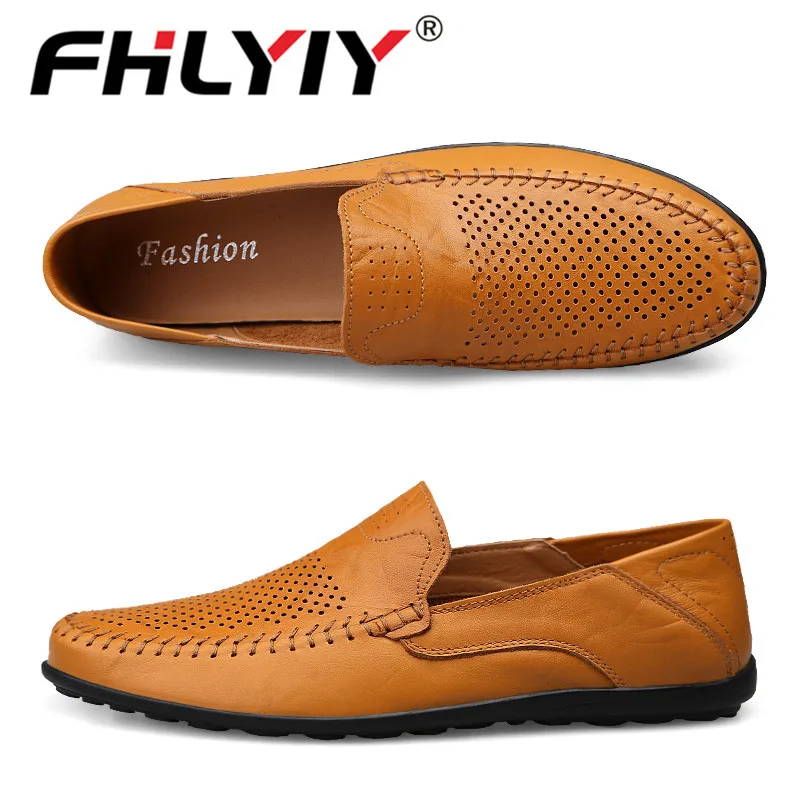 hole Yellow Brown Genuine Leather Mens Loafers Moccasins Autumn Men Shoes Casual Luxury Brand Breathable Slip on Boat Shoes - Цвет: hole Yellow Brown