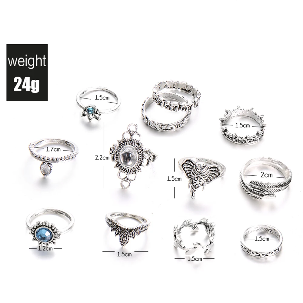 12 Pcs/set Women's Fashion Elephant Crystal Hollow Geometric Leaf Crown Rhinestone Silver Color Ring Set Bohemian Retro Jewelry |