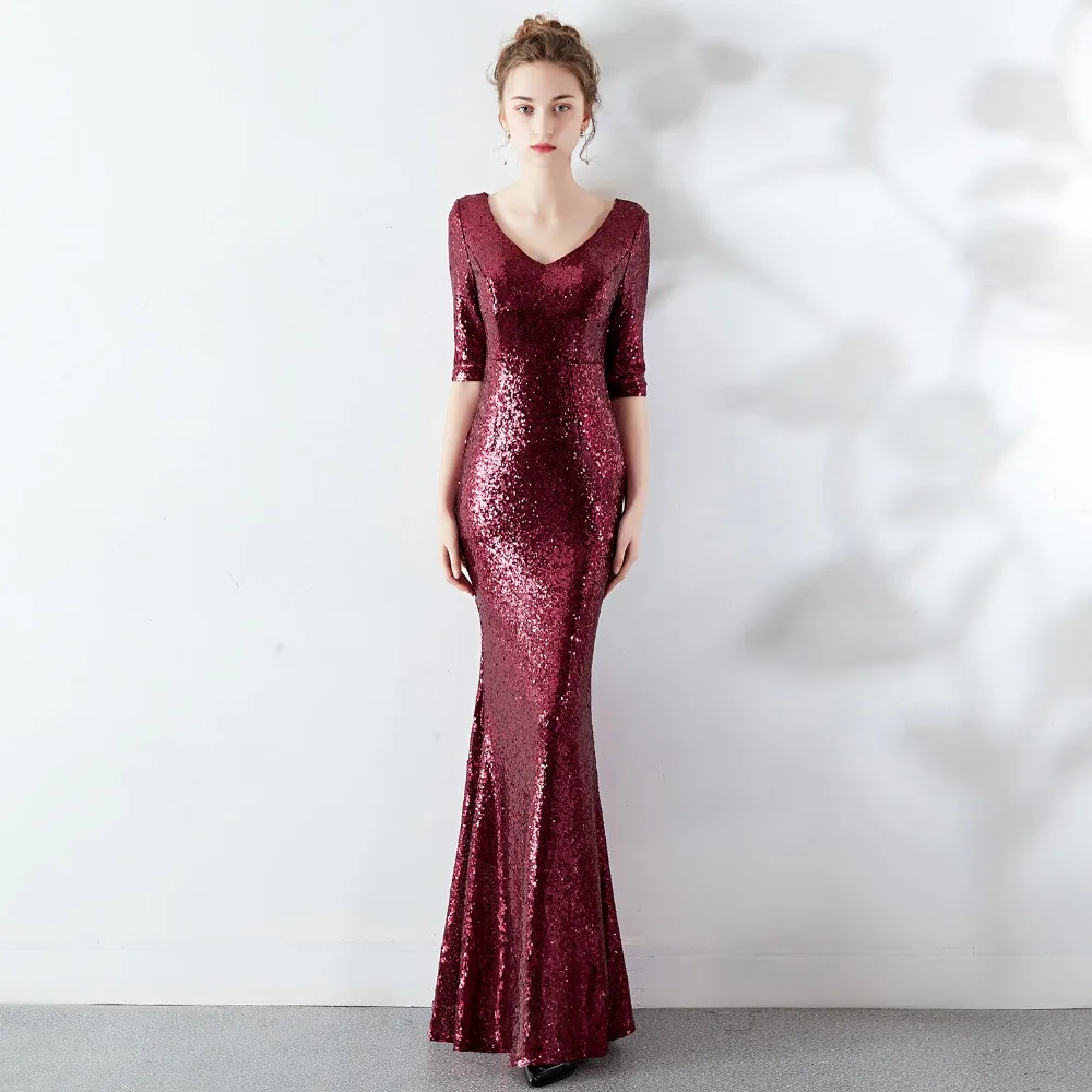 Sladuo Women Luxury Elegant Wine Red Sexy Half Sleeve Sequin Long Length Mermaid Party Dress Maxi | Женская одежда